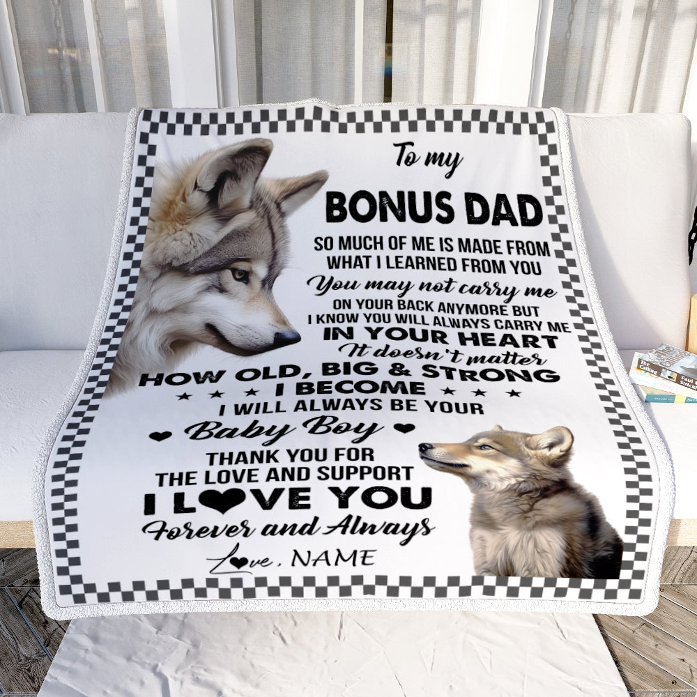Personalized To My Bonus Dad From Step Son Blanket Wolf Always Be Your Little Boy Stepdad Mothers Day Birthday Christmas Gift Customized Fleece Throw Blanket | siriusteestore