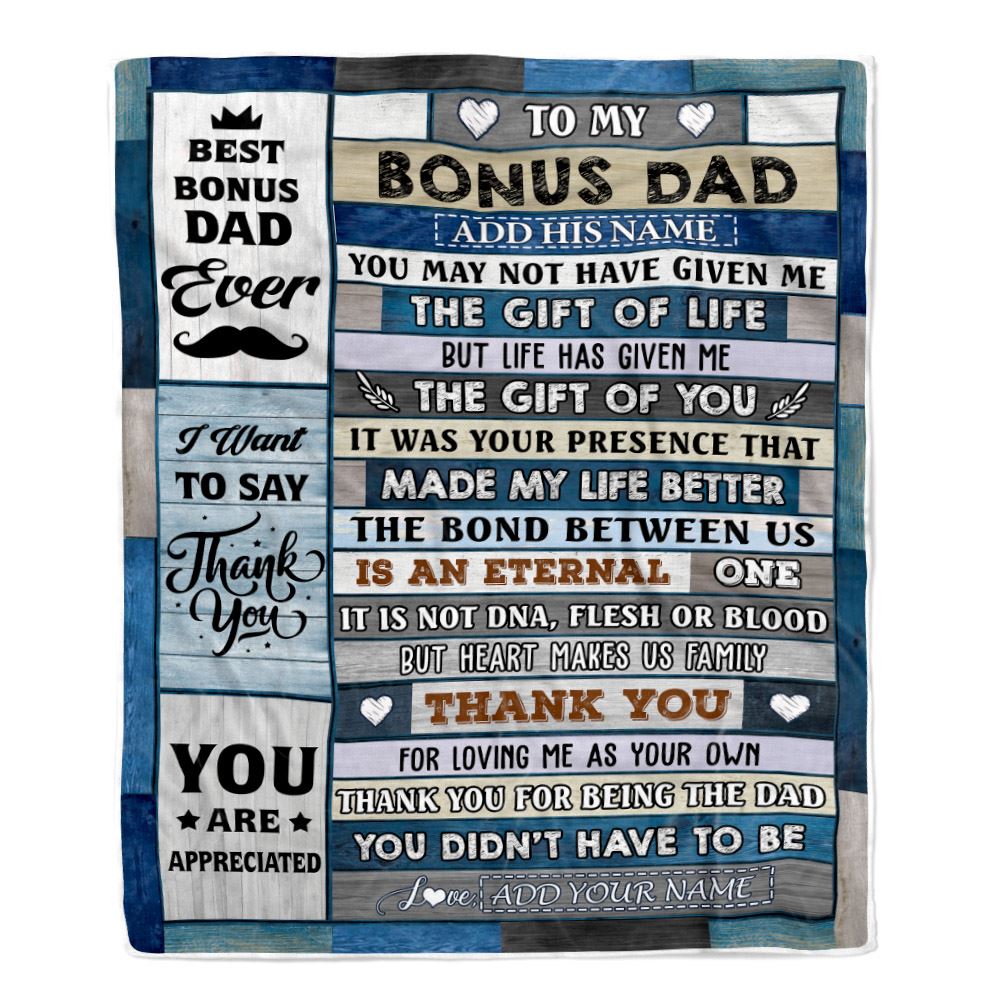 Personalized To My Bonus Dad Gifts Blanket From Daughter Son Wood Thank You Step Up Dad Stepdad Birthday Gifts Fathers Day Christmas Customized Fleece Blanket | siriusteestore