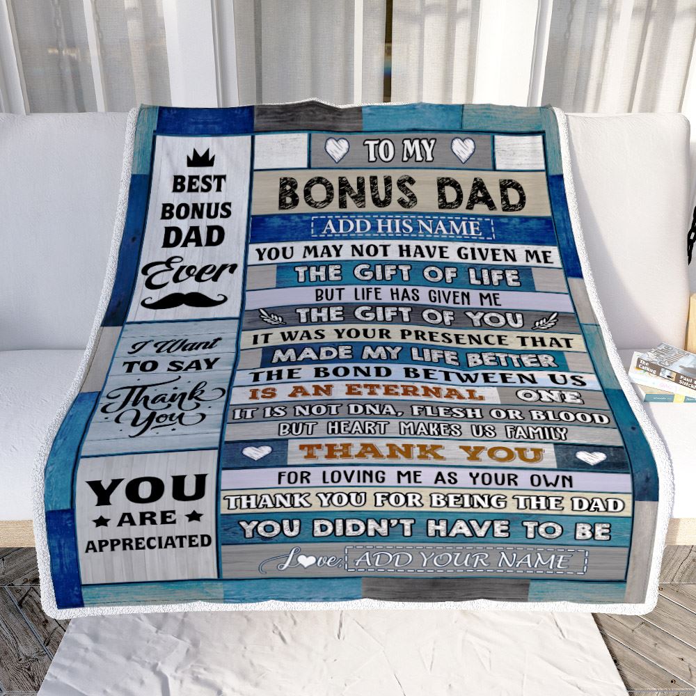Personalized To My Bonus Dad Gifts Blanket From Daughter Son Wood Thank You Step Up Dad Stepdad Birthday Gifts Fathers Day Christmas Customized Fleece Blanket | siriusteestore