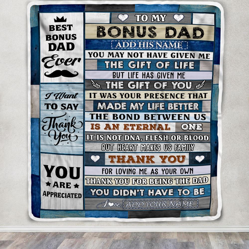 Personalized To My Bonus Dad Gifts Blanket From Daughter Son Wood Thank You Step Up Dad Stepdad Birthday Gifts Fathers Day Christmas Customized Fleece Blanket | siriusteestore