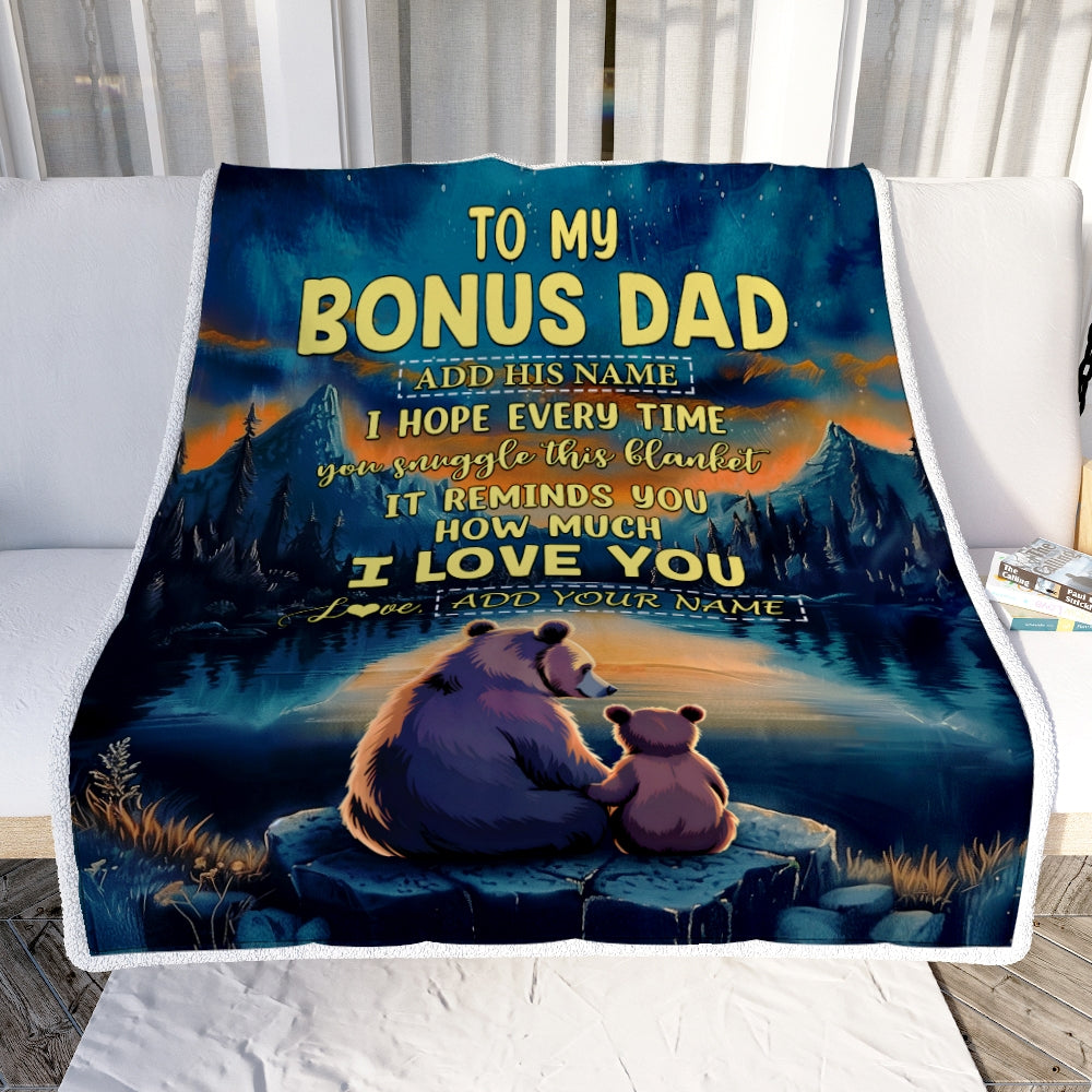 Personalized To My Bonus Dad Gifts Blanket From Stepson Stepdaughter I Love You Bear Stepdad Birthday Gifts Present For Fathers Day Christmas Fleece Blanket | siriusteestore