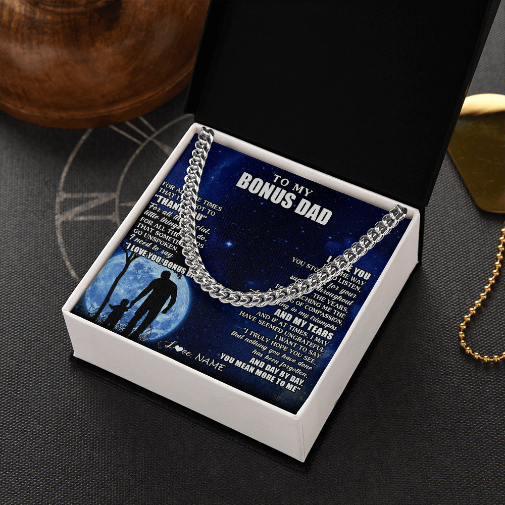 Cuban Link Chain Necklace Stainless Steel | 2 | Personalized To My Bonus Dad Necklace From Step Daughter Son Thank You Grateful Love Stepdad Birthday Fathers Day Christmas Customized Gift Box Message Card | siriusteestore