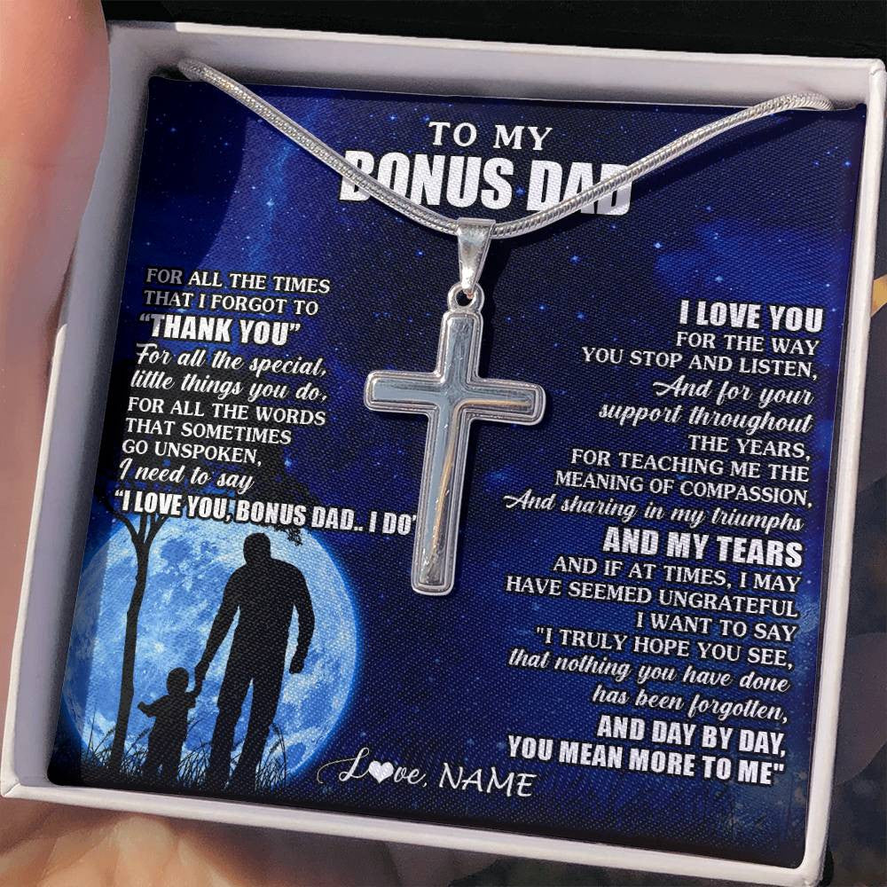 Stainless Cross Necklace Stainless Steel | 2 | Personalized To My Bonus Dad Necklace From Step Daughter Son Thank You Grateful Love Stepdad Birthday Fathers Day Christmas Customized Gift Box Message Card | siriusteestore