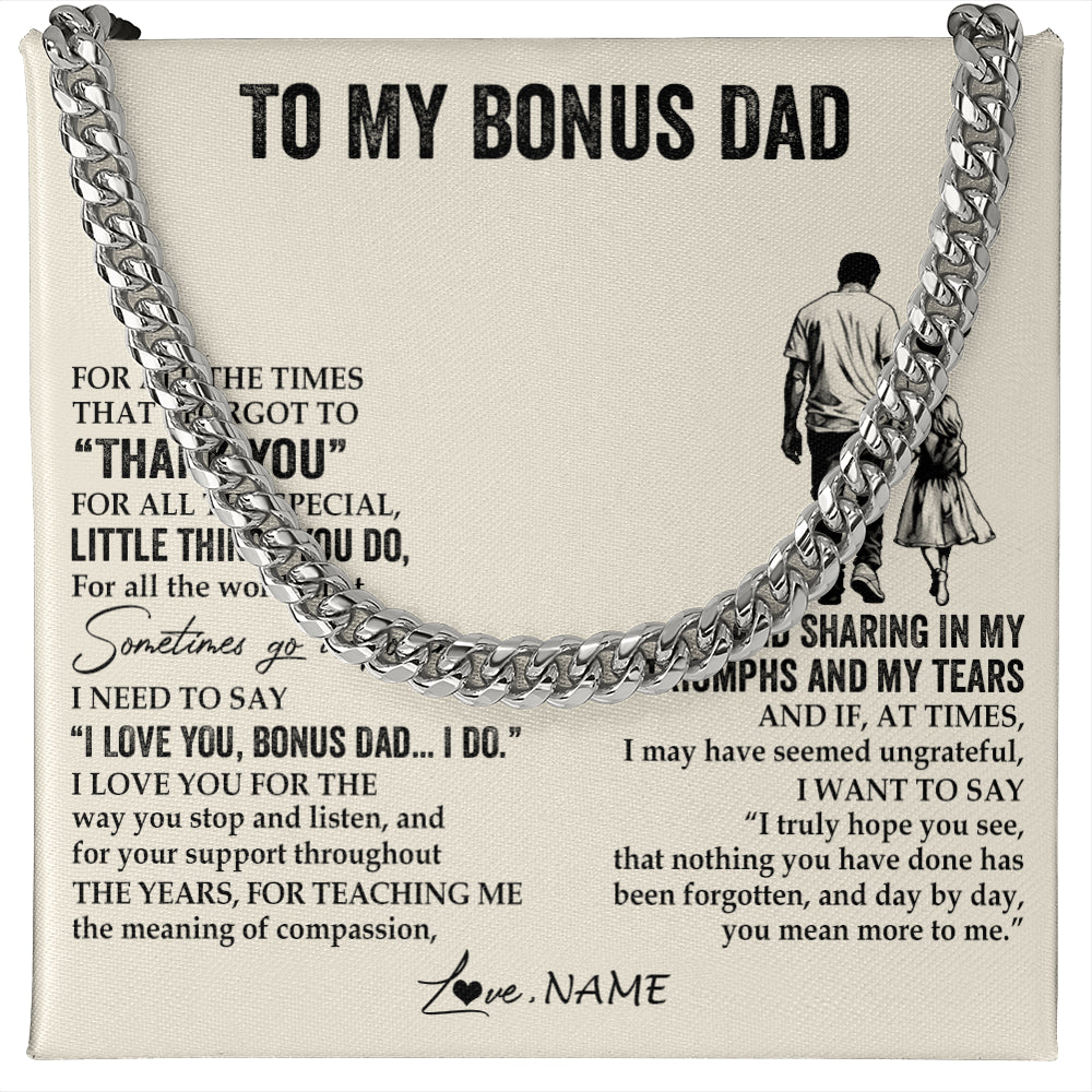 Cuban Link Chain Necklace Stainless Steel | 1 | Personalized To My Bonus Dad Necklace From Stepdaughter For All The Times That I Forgot To Thank You Fathers Day Christmas Customized Gift Box Message Card | siriusteestore