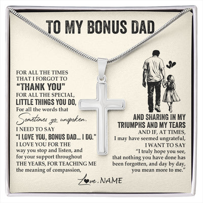 Stainless Cross Necklace Stainless Steel | 1 | Personalized To My Bonus Dad Necklace From Stepdaughter For All The Times That I Forgot To Thank You Fathers Day Christmas Customized Gift Box Message Card | siriusteestore