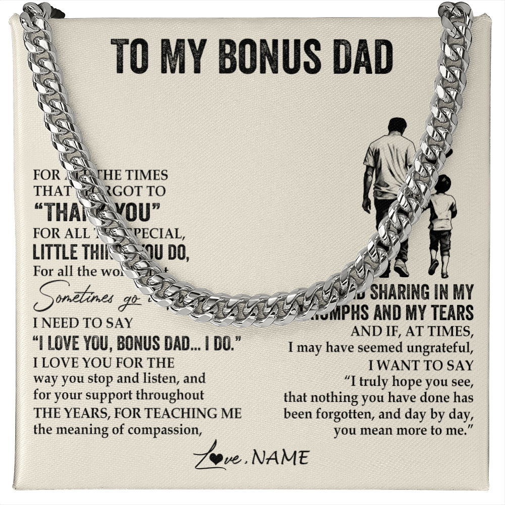 Cuban Link Chain Necklace Stainless Steel | 1 | Personalized To My Bonus Dad Necklace From Stepson For All The Times That I Forgot To Thank You Birthday Fathers Day Christmas Customized Gift Box Message Card | siriusteestore