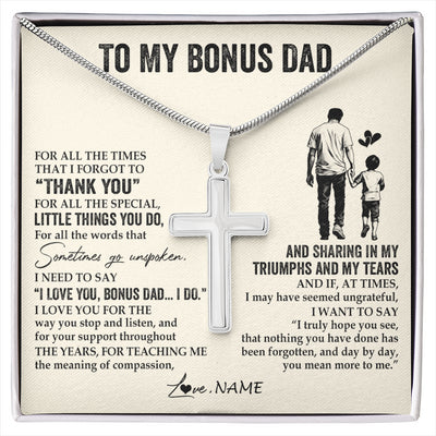 Stainless Cross Necklace Stainless Steel | 1 | Personalized To My Bonus Dad Necklace From Stepson For All The Times That I Forgot To Thank You Birthday Fathers Day Christmas Customized Gift Box Message Card | siriusteestore