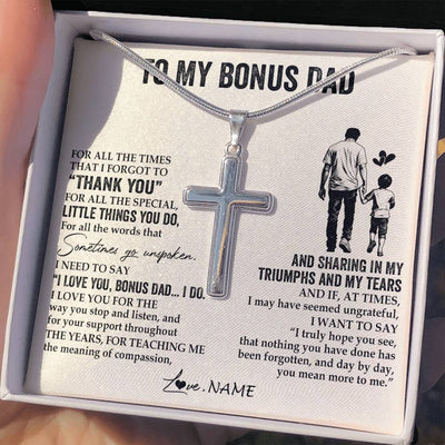Stainless Cross Necklace Stainless Steel | 2 | Personalized To My Bonus Dad Necklace From Stepson For All The Times That I Forgot To Thank You Birthday Fathers Day Christmas Customized Gift Box Message Card | siriusteestore