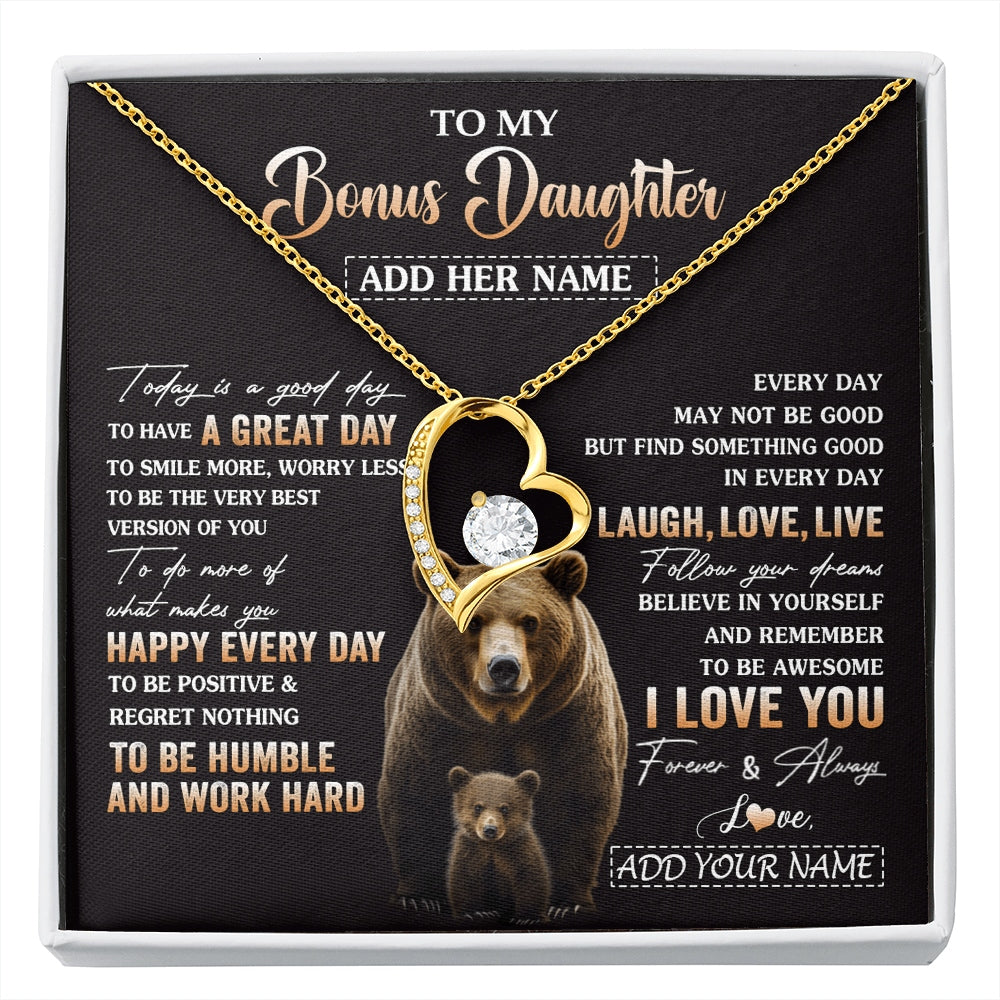 Forever Love Necklace 18K Yellow Gold Finish | 1 | Personalized To My Bonus Daughter Bear Necklace From Stepmom Every Day Laugh Love Live Stepdaughter Birthday Gifts Christmas Custom Gift Box Message Card | https://siriusteestore.