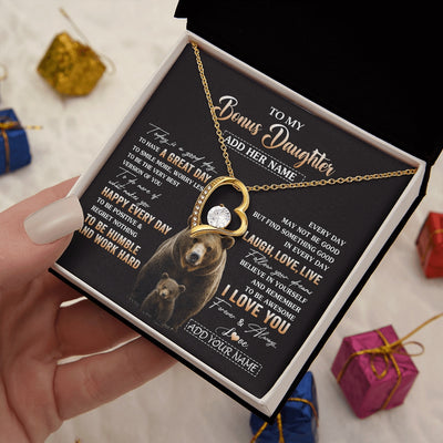 Forever Love Necklace 18K Yellow Gold Finish | 2 | Personalized To My Bonus Daughter Bear Necklace From Stepmom Every Day Laugh Love Live Stepdaughter Birthday Gifts Christmas Custom Gift Box Message Card | https://siriusteestore.