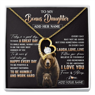 Forever Love Necklace 18K Yellow Gold Finish | 1 | Personalized To My Bonus Daughter Bear Necklace From Stepmom Every Day Laugh Love Live Stepdaughter Birthday Gifts Christmas Custom Gift Box Message Card | https://siriusteestore.