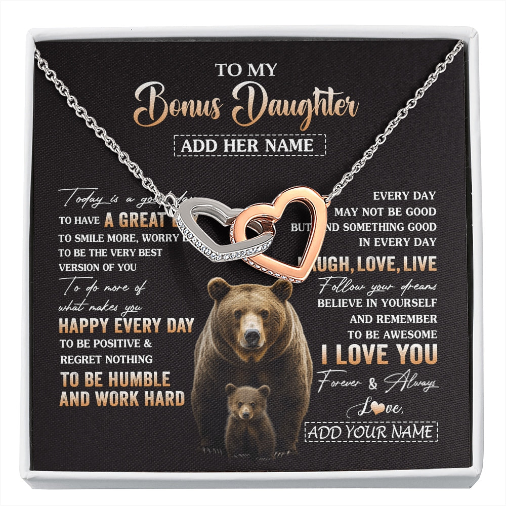 Interlocking Hearts Necklace Stainless Steel & Rose Gold Finish | 1 | Personalized To My Bonus Daughter Bear Necklace From Stepmom Every Day Laugh Love Live Stepdaughter Birthday Gifts Christmas Custom Gift Box Message Card | https://siriusteestore.