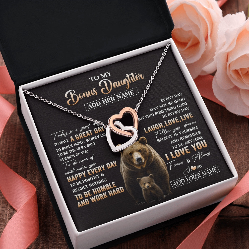 Interlocking Hearts Necklace Stainless Steel & Rose Gold Finish | 2 | Personalized To My Bonus Daughter Bear Necklace From Stepmom Every Day Laugh Love Live Stepdaughter Birthday Gifts Christmas Custom Gift Box Message Card | https://siriusteestore.