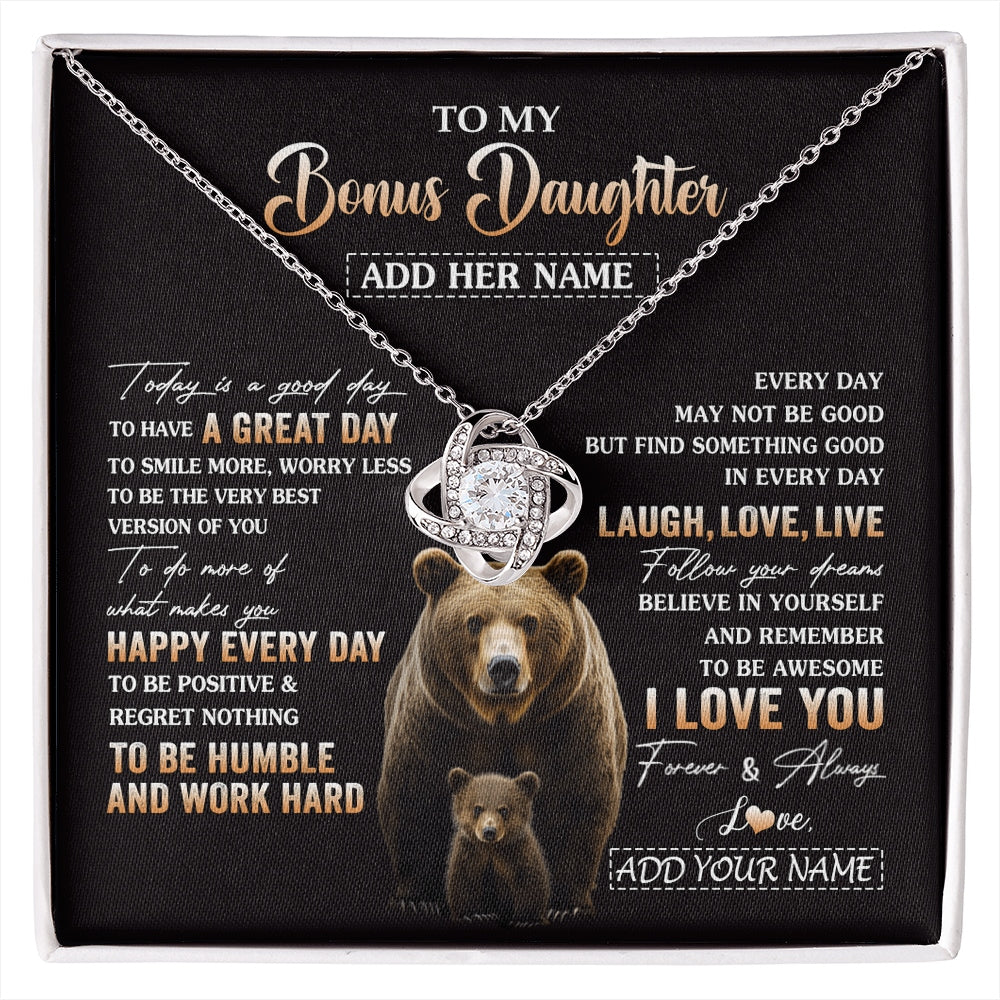 Love Knot Necklace 14K White Gold Finish | 1 | Personalized To My Bonus Daughter Bear Necklace From Stepmom Every Day Laugh Love Live Stepdaughter Birthday Gifts Christmas Custom Gift Box Message Card | https://siriusteestore.