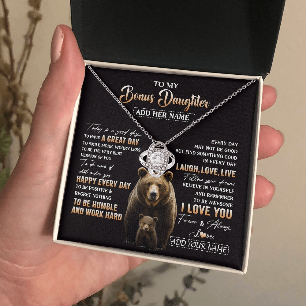 Love Knot Necklace 14K White Gold Finish | 2 | Personalized To My Bonus Daughter Bear Necklace From Stepmom Every Day Laugh Love Live Stepdaughter Birthday Gifts Christmas Custom Gift Box Message Card | https://siriusteestore.