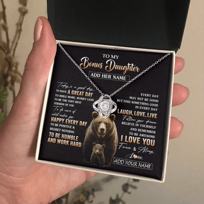Love Knot Necklace 14K White Gold Finish | 2 | Personalized To My Bonus Daughter Bear Necklace From Stepmom Every Day Laugh Love Live Stepdaughter Birthday Gifts Christmas Custom Gift Box Message Card | https://siriusteestore.