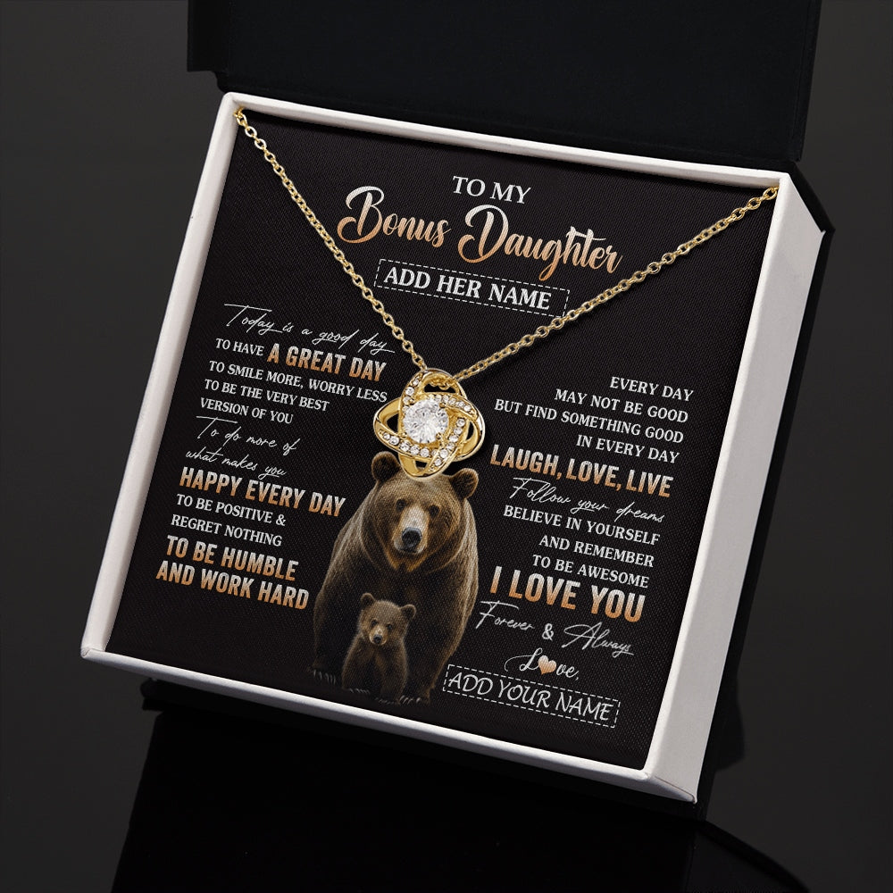 Love Knot Necklace 18K Yellow Gold Finish | 2 | Personalized To My Bonus Daughter Bear Necklace From Stepmom Every Day Laugh Love Live Stepdaughter Birthday Gifts Christmas Custom Gift Box Message Card | https://siriusteestore.