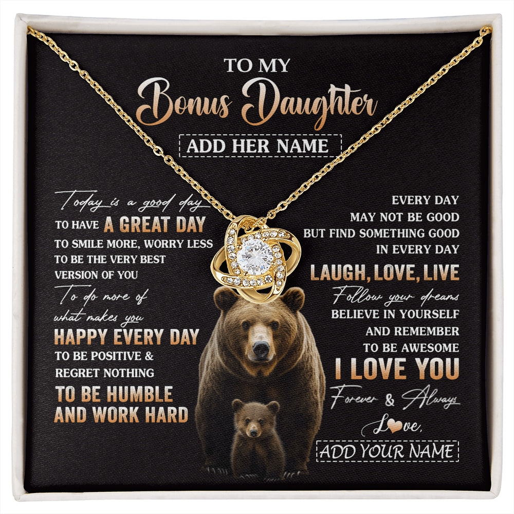 Love Knot Necklace 18K Yellow Gold Finish | 1 | Personalized To My Bonus Daughter Bear Necklace From Stepmom Every Day Laugh Love Live Stepdaughter Birthday Gifts Christmas Custom Gift Box Message Card | https://siriusteestore.