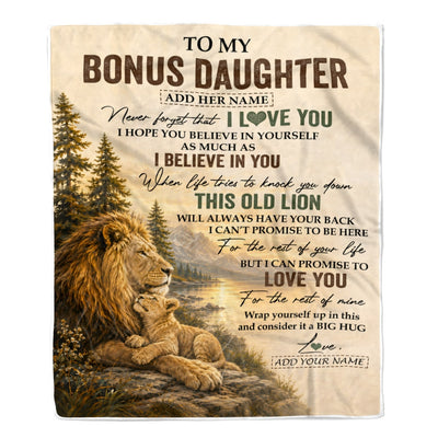 Personalized To My Bonus Daughter Birthday Gifts From Stepdad This Old Lion Blanket Stepdaughter Gifts Graduation Christmas Gift Ideas Women Fleece Blanket | siriusteestore