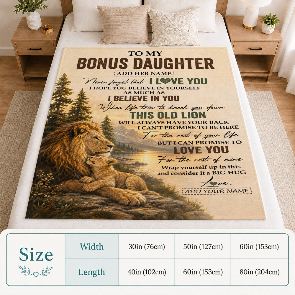 Personalized To My Bonus Daughter Birthday Gifts From Stepdad This Old Lion Blanket Stepdaughter Gifts Graduation Christmas Gift Ideas Women Fleece Blanket | siriusteestore