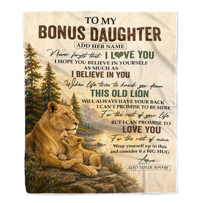 Personalized To My Bonus Daughter Birthday Gifts From Stepmom This Old Lion Blanket Stepdaughter Gifts Graduation Christmas Gift Ideas Women Fleece Blanket | siriusteestore