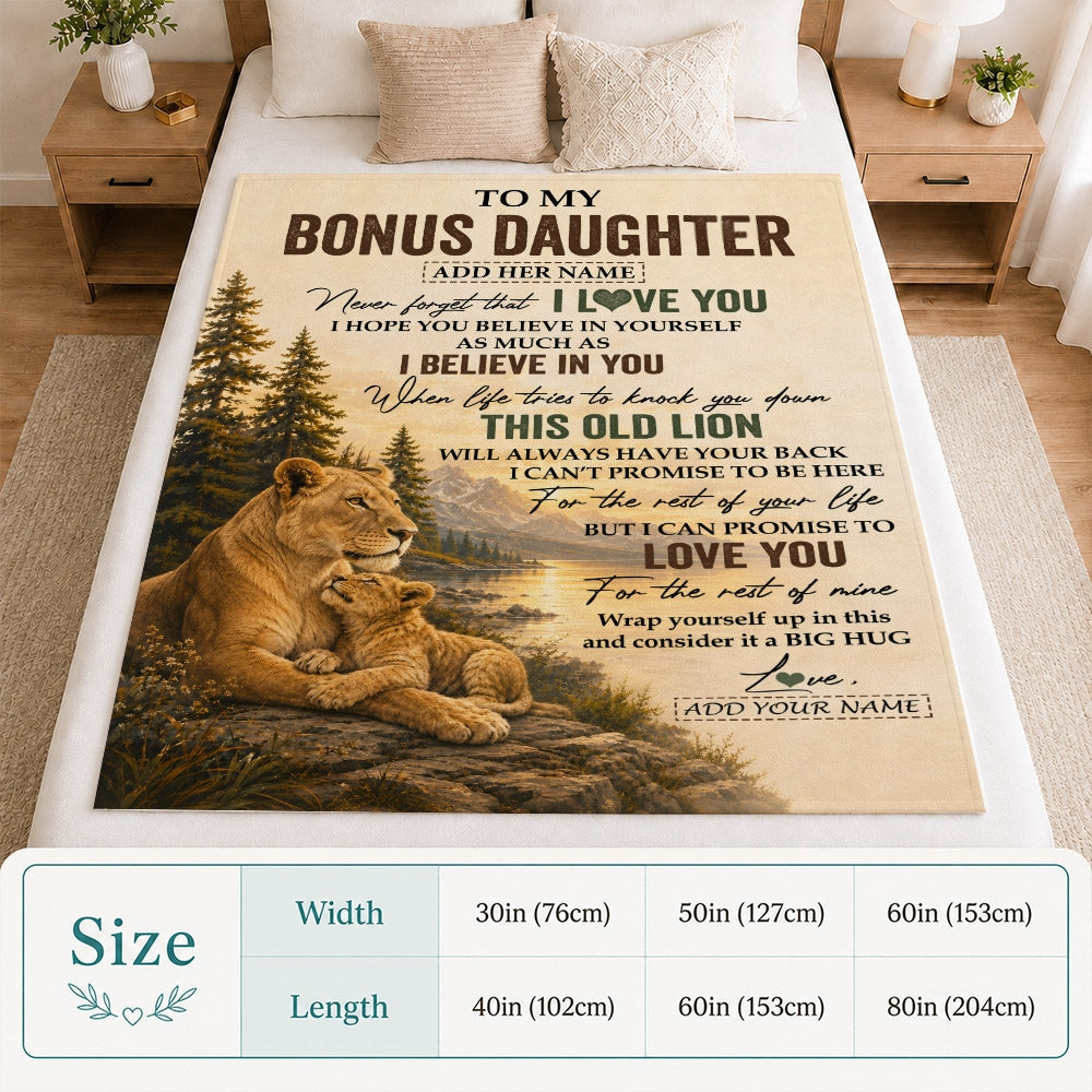Personalized To My Bonus Daughter Birthday Gifts From Stepmom This Old Lion Blanket Stepdaughter Gifts Graduation Christmas Gift Ideas Women Fleece Blanket | siriusteestore