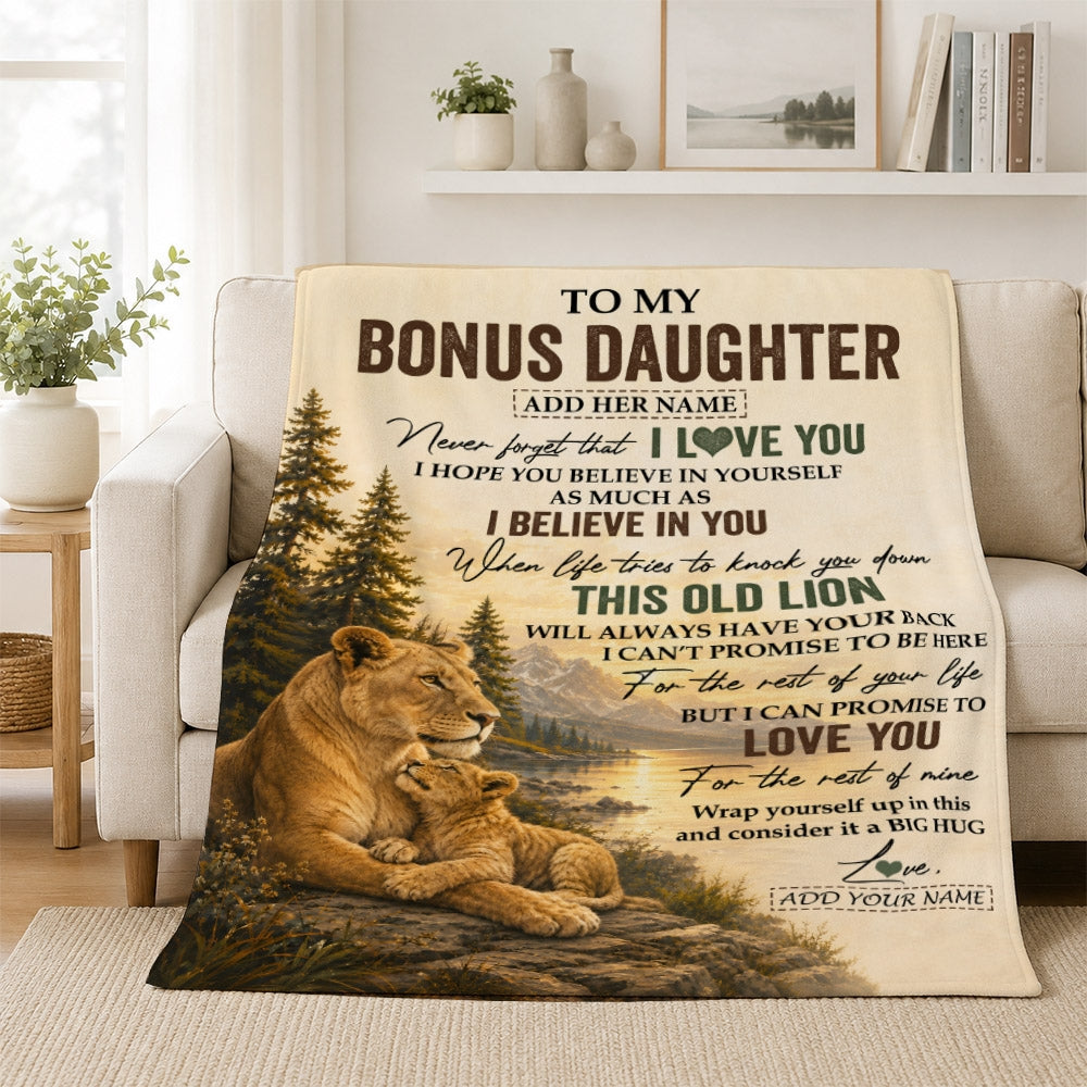 Personalized To My Bonus Daughter Birthday Gifts From Stepmom This Old Lion Blanket Stepdaughter Gifts Graduation Christmas Gift Ideas Women Fleece Blanket | siriusteestore