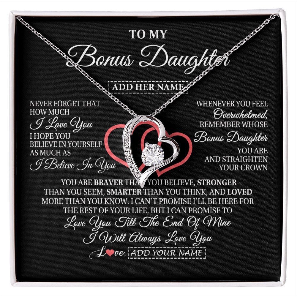 Forever Love Necklace 14K White Gold Finish | 1 | Personalized To My Bonus Daughter Birthday Gifts From Stepmother Stepdad Always Love You Stepdaughter Gifts Necklace Christmas Custom Gift Box Message Card | siriusteestore.myshopify
