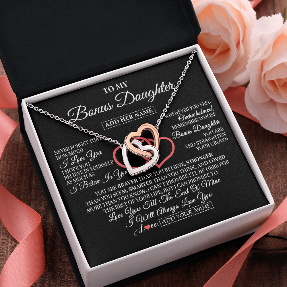 Interlocking Hearts Necklace Stainless Steel & Rose Gold Finish | 2 | Personalized To My Bonus Daughter Birthday Gifts From Stepmother Stepdad Always Love You Stepdaughter Gifts Necklace Christmas Custom Gift Box Message Card | siriusteestore.myshopify