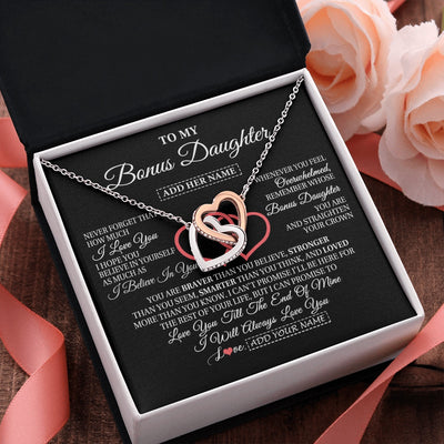 Interlocking Hearts Necklace Stainless Steel & Rose Gold Finish | 2 | Personalized To My Bonus Daughter Birthday Gifts From Stepmother Stepdad Always Love You Stepdaughter Gifts Necklace Christmas Custom Gift Box Message Card | siriusteestore.myshopify