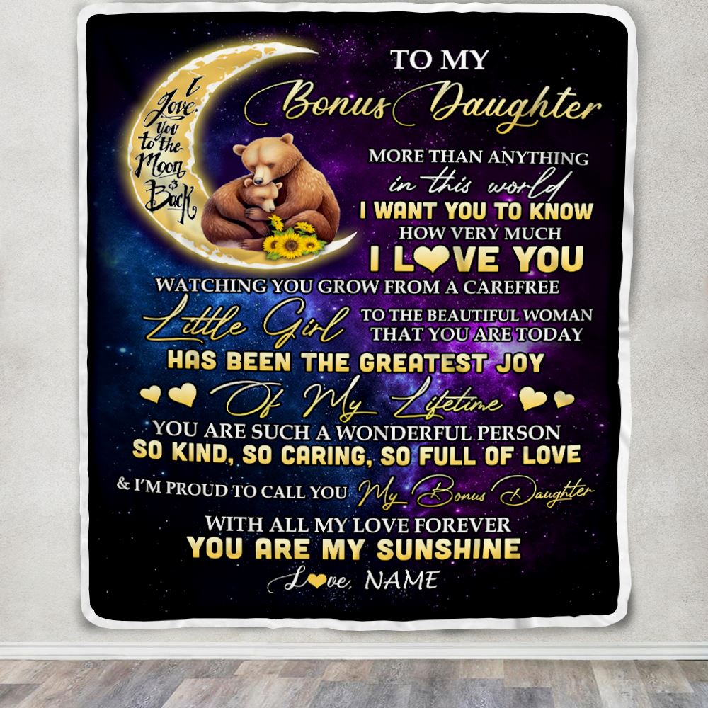 Personalized To My Bonus Daughter Blanket From Aunt Positive Energy Encourage Brave Little Bear Stepdaughter Birthday Gifts Christmas Customized Fleece Blanket | siriusteestore