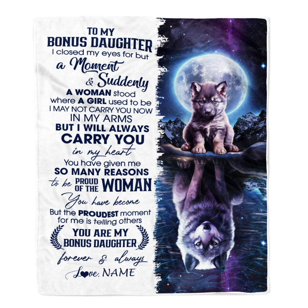 Personalized To My Bonus Daughter Blanket From Bonus Dad Mother I Close My Eyes Wolf Stepdaughter Birthday Graduation Christmas Customized Gift Fleece Blanket | siriusteestore