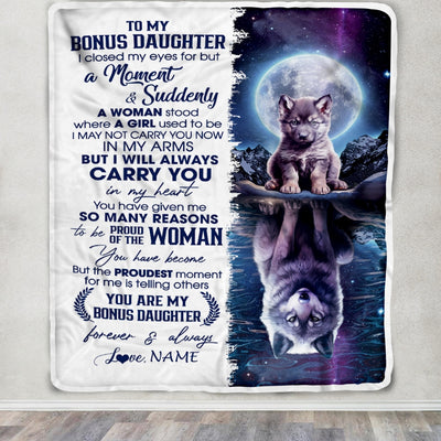 Personalized To My Bonus Daughter Blanket From Bonus Dad Mother I Close My Eyes Wolf Stepdaughter Birthday Graduation Christmas Customized Gift Fleece Blanket | siriusteestore