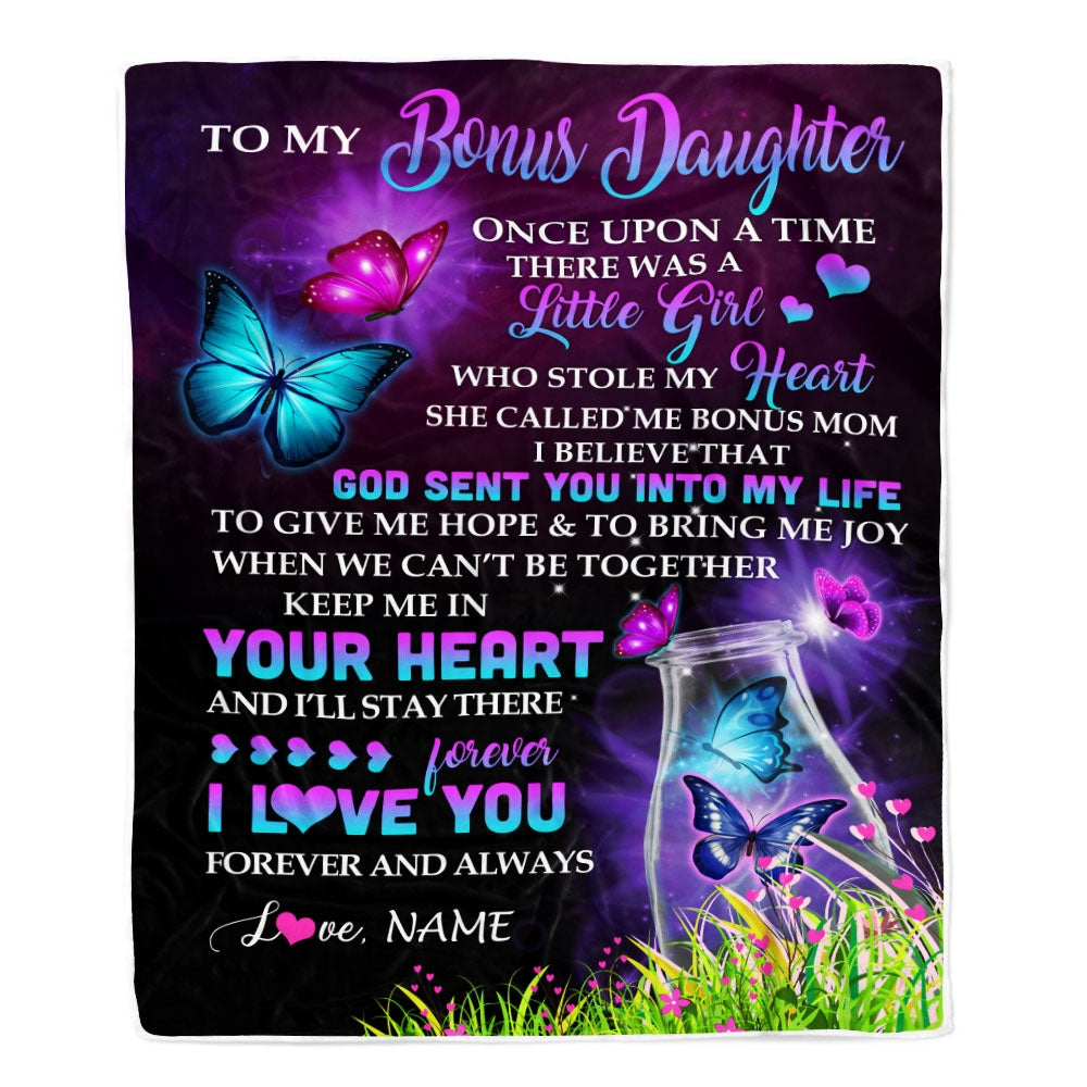 Personalized To My Bonus Daughter Blanket From Bonus Mom Butterfly Once Upon A Time There Was A Girl Stepdaughter Birthday Christmas Customized Fleece Blanket | siriusteestore