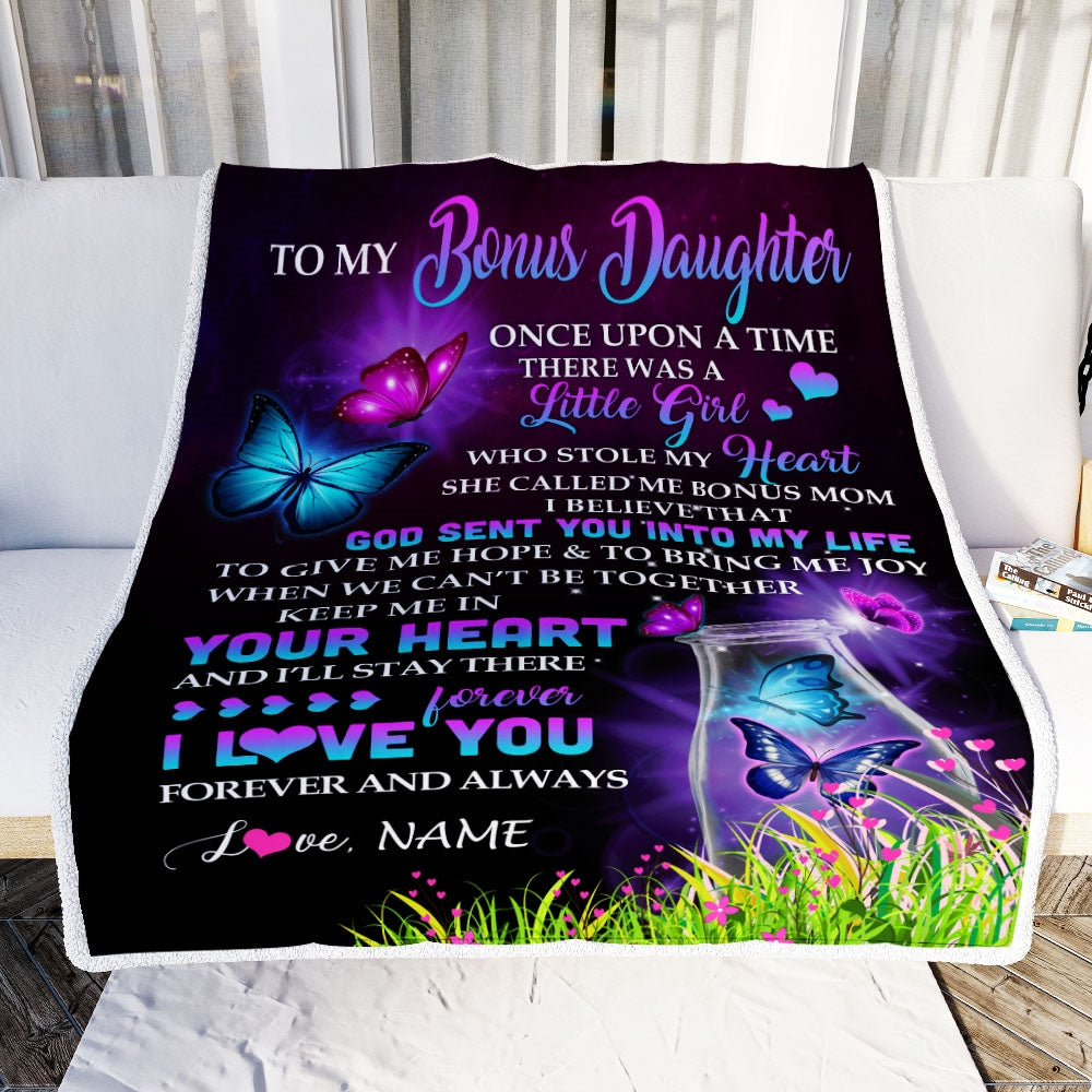 Personalized To My Bonus Daughter Blanket From Bonus Mom Butterfly Once Upon A Time There Was A Girl Stepdaughter Birthday Christmas Customized Fleece Blanket | siriusteestore