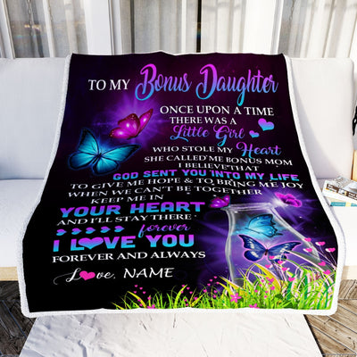 Personalized To My Bonus Daughter Blanket From Bonus Mom Butterfly Once Upon A Time There Was A Girl Stepdaughter Birthday Christmas Customized Fleece Blanket | siriusteestore