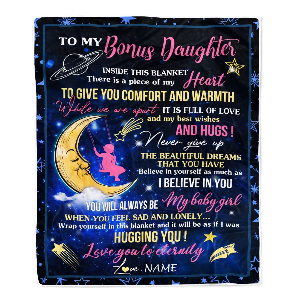 Personalized To My Bonus Daughter Blanket From Bonus Mom Inside This Blanket Sleeping Moon Stepdaughter Birthday Christmas Customized Bed Fleece Throw Blanket | siriusteestore