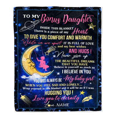 Personalized To My Bonus Daughter Blanket From Bonus Mom Inside This Blanket Sleeping Moon Stepdaughter Birthday Christmas Customized Bed Fleece Throw Blanket | siriusteestore