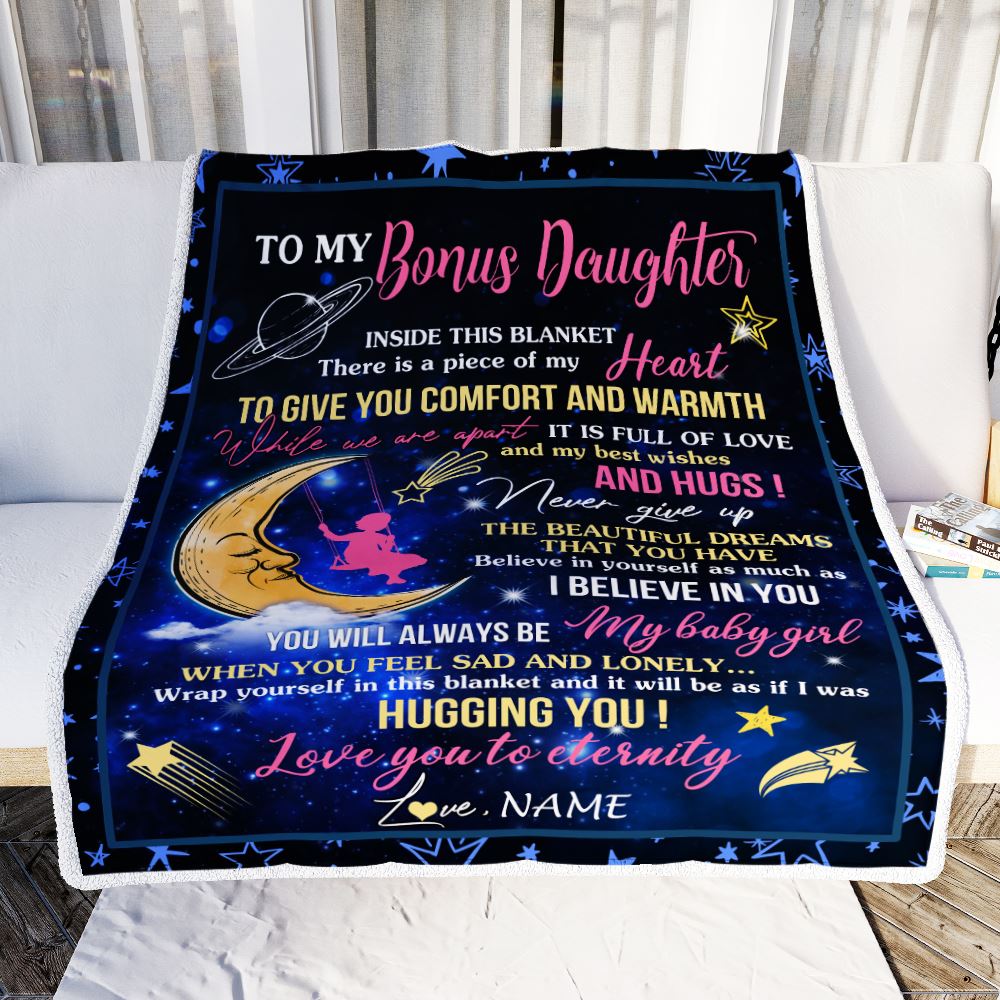 Personalized To My Bonus Daughter Blanket From Bonus Mom Inside This Blanket Sleeping Moon Stepdaughter Birthday Christmas Customized Bed Fleece Throw Blanket | siriusteestore