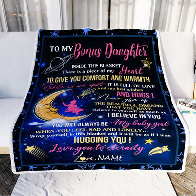 Personalized To My Bonus Daughter Blanket From Bonus Mom Inside This Blanket Sleeping Moon Stepdaughter Birthday Christmas Customized Bed Fleece Throw Blanket | siriusteestore