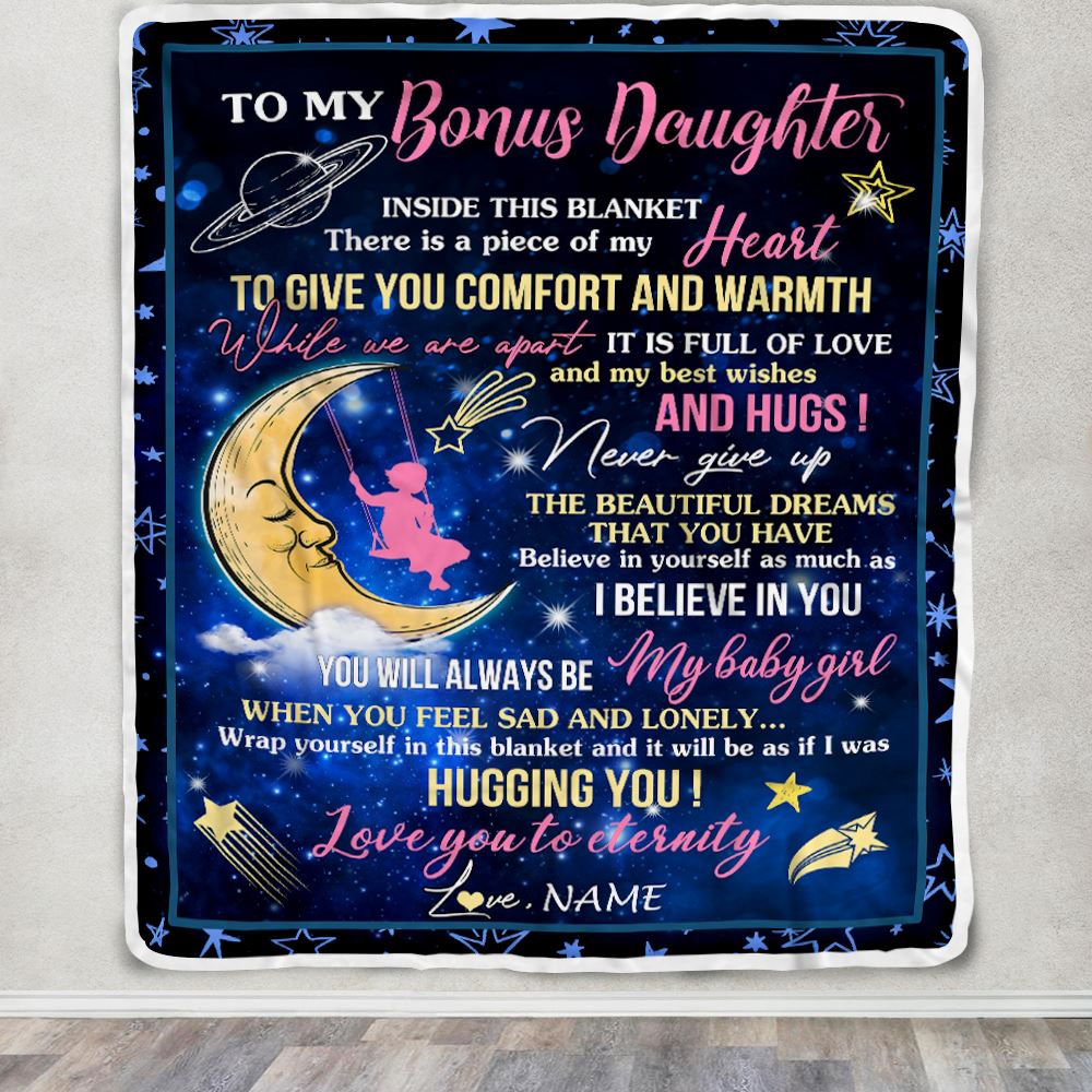 Personalized To My Bonus Daughter Blanket From Bonus Mom Inside This Blanket Sleeping Moon Stepdaughter Birthday Christmas Customized Bed Fleece Throw Blanket | siriusteestore