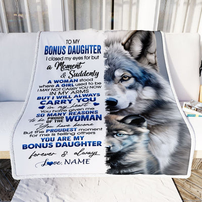 Personalized To My Bonus Daughter Blanket From Dad Mother I Close My Eyes For But A Moment Wolf Birthday Graduation Christmas Customized Gift Fleece Blanket | siriusteestore