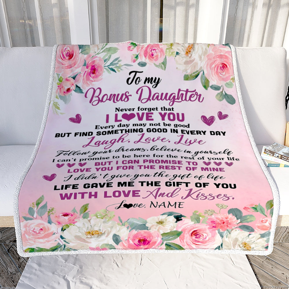 Personalized To My Bonus Daughter Blanket From Mom Never Forget I Love You Flower Stepdaughter Birthday Graduation Christmas Customized Bed Fleece Blanket | siriusteestore