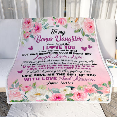 Personalized To My Bonus Daughter Blanket From Mom Never Forget I Love You Flower Stepdaughter Birthday Graduation Christmas Customized Bed Fleece Blanket | siriusteestore