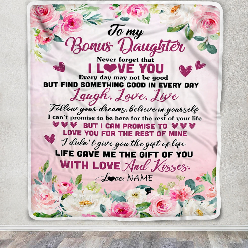 Personalized To My Bonus Daughter Blanket From Mom Never Forget I Love You Flower Stepdaughter Birthday Graduation Christmas Customized Bed Fleece Blanket | siriusteestore