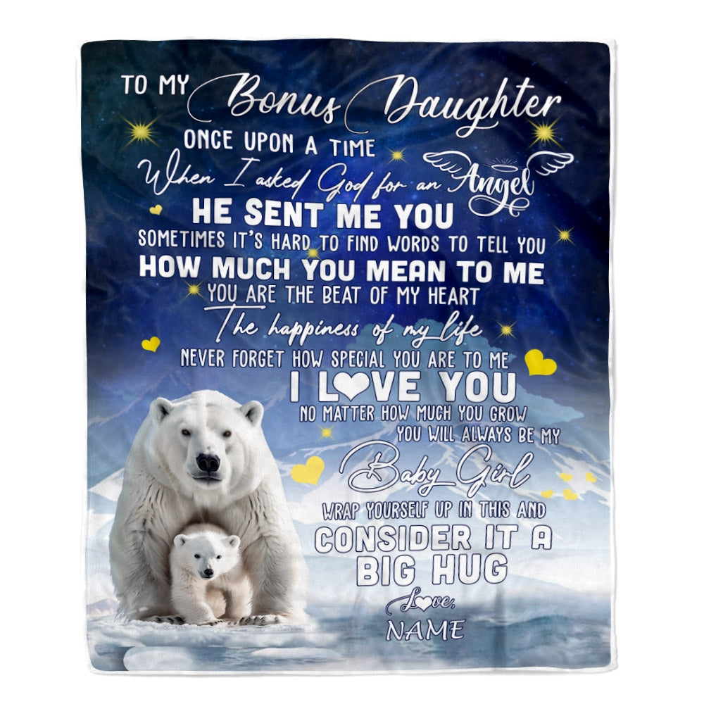 Personalized To My Bonus Daughter Blanket From Mom Polar Bear Never Forget I Love You Stepdaughter Birthday Christmas Customized Bed Fleece Blanket | siriusteestore