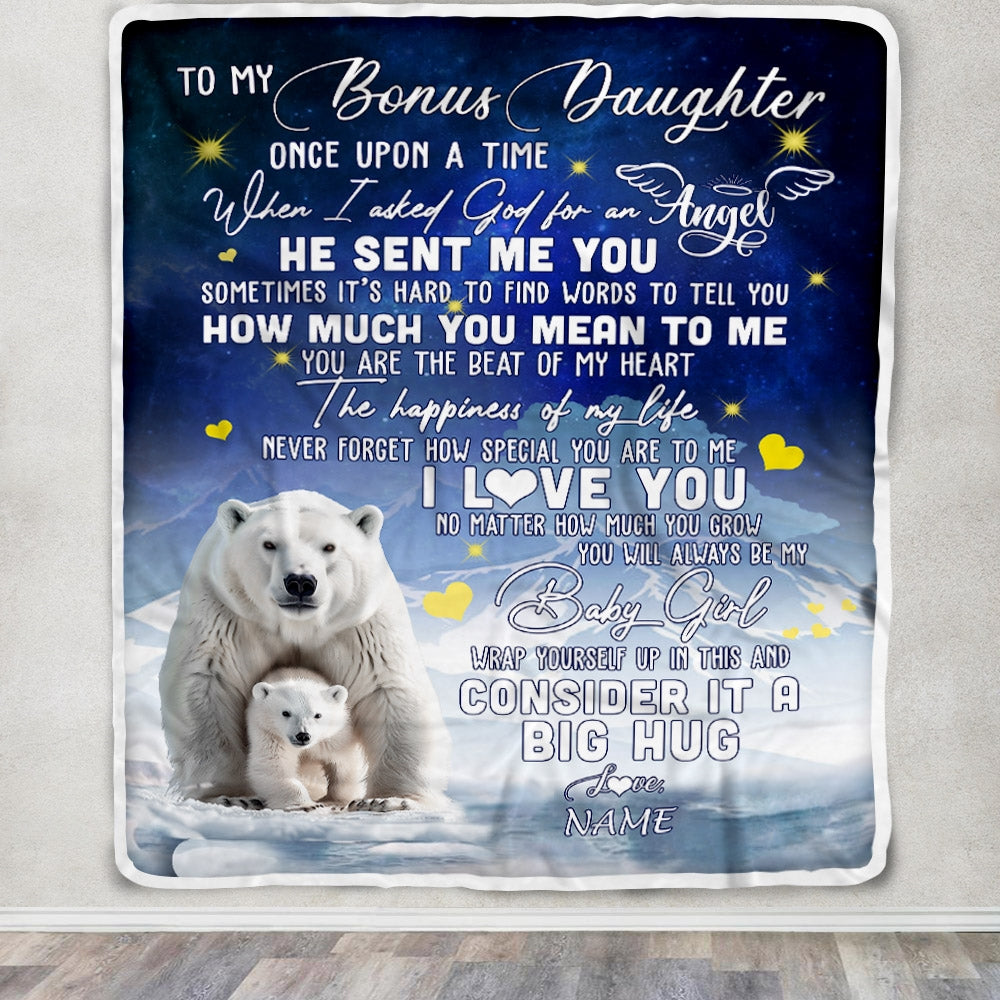 Personalized To My Bonus Daughter Blanket From Mom Polar Bear Never Forget I Love You Stepdaughter Birthday Christmas Customized Bed Fleece Blanket | siriusteestore