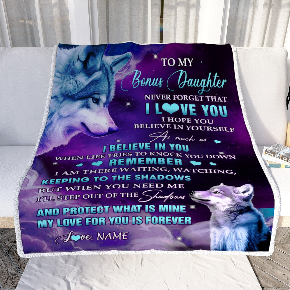 Personalized To My Bonus Daughter Blanket From Mom Wolf Moon My Love For You Is Forever Stepdaughter Birthday Graduation Christmas Customized Fleece Blanket | siriusteestore