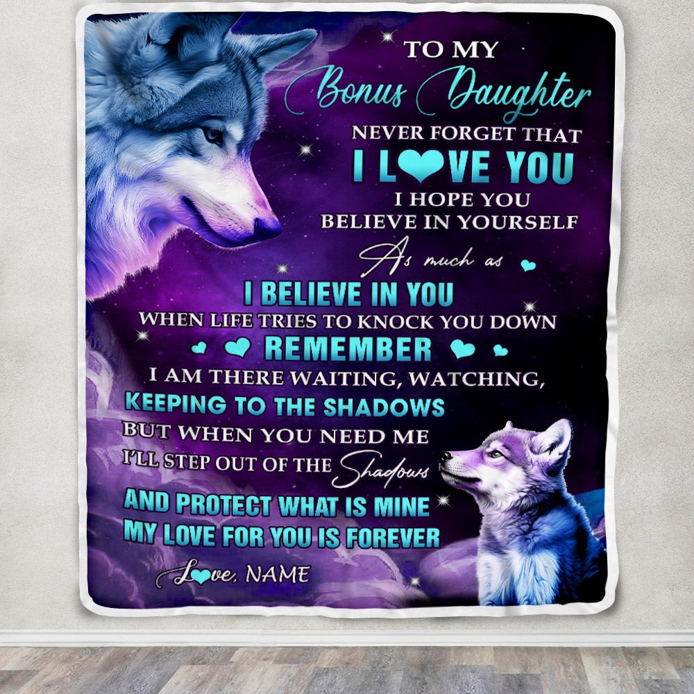 Personalized To My Bonus Daughter Blanket From Mom Wolf Moon My Love For You Is Forever Stepdaughter Birthday Graduation Christmas Customized Fleece Blanket | siriusteestore