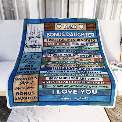 Personalized To My Bonus Daughter Blanket From Mom Wood I Am So Proud Of You I Love You Stepdaughter Birthday Graduation Christmas Customized Fleece Blanket | siriusteestore